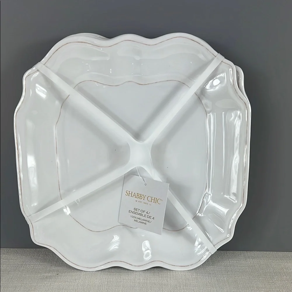 Shabby Chic Melamine Plates 8 pc Set 4 Dinner 4 Salad White Tan Edge NEW